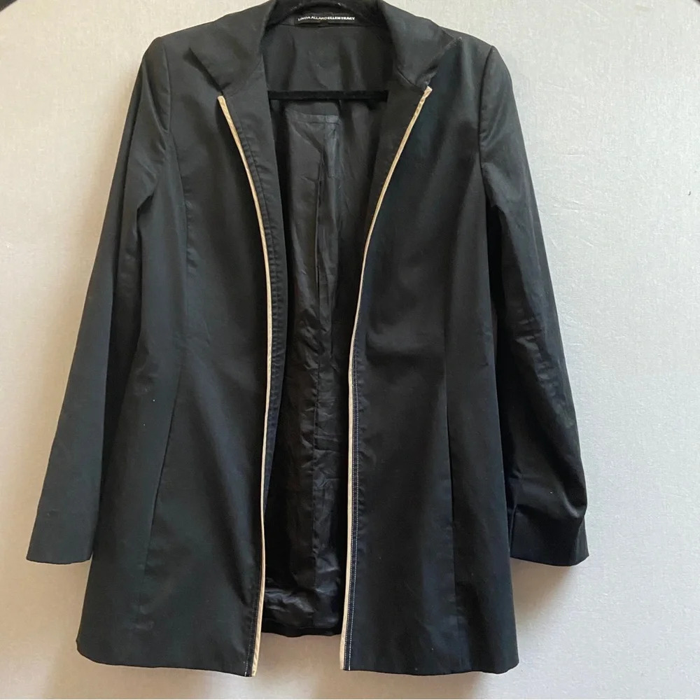 Linda Allard Ellen Tracy Trim Open Long Line Blazer Jacket Sz M